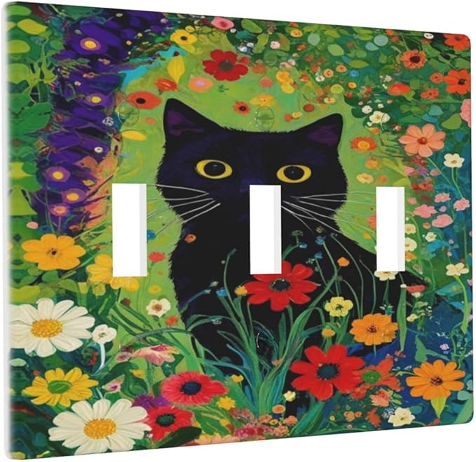 Decorative Art Light Switch Covers BlackCat&Flowers 3 Gang Triple Toggle Wall Plate Decorative Switch plate Electrical Faceplate for Home Decor