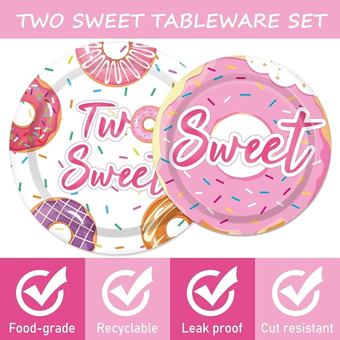 ZOIIWA 96 Pcs Two Sweet Donut Birthday Party Supplies Girls Donut Themed Tableware Table Decor Baby Girl 2nd Birthday Paper Plates Napkins Disposable Dinnerware Party Favor for Baby Shower 24 Guests
