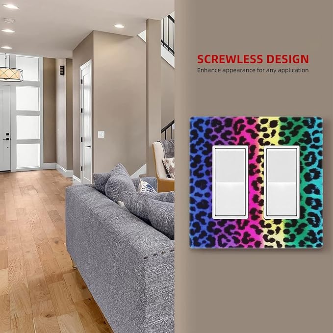 Rainbow Colorful Leopard 2 Gang Double Rocker/Decor Light Switch Cover Decorative Outlet Wall Plate Electrical Faceplate Home Bedroom Art Panel Decor Screwless 4.7" x 4.6