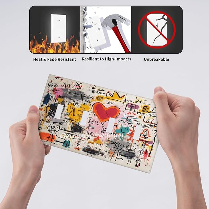 Colorful Graffiti Street Art Banksy Prints Light Switch Covers Quad Toggle Electrical Faceplate 4 Gang Wall Plate Decorative Switch Plates Cover for Kids Room Office Decor