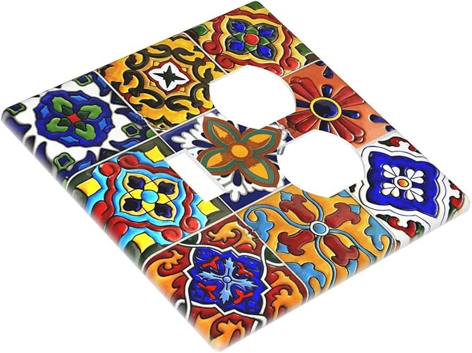Vintage Colorful Boho Mexican Moroccan Tile Wallplates 1 Toggle 1 Duplex Switch Plate Electrical GFCI Faceplate Decorative Light Switch Covers for Farmhouse Home Decor