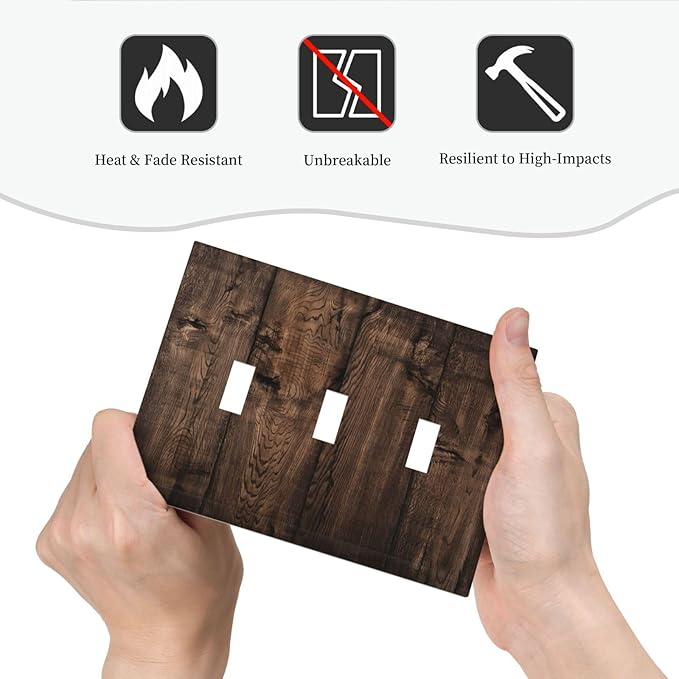 Rustic Brown Wood Plank Vintage Wooden Texture Print Decorative Switch Plates 3 Gang Wall Plate Triple Toggle Light Switch Cover Faceplate Electrical Wall Panels for Farmhouse Home Decor