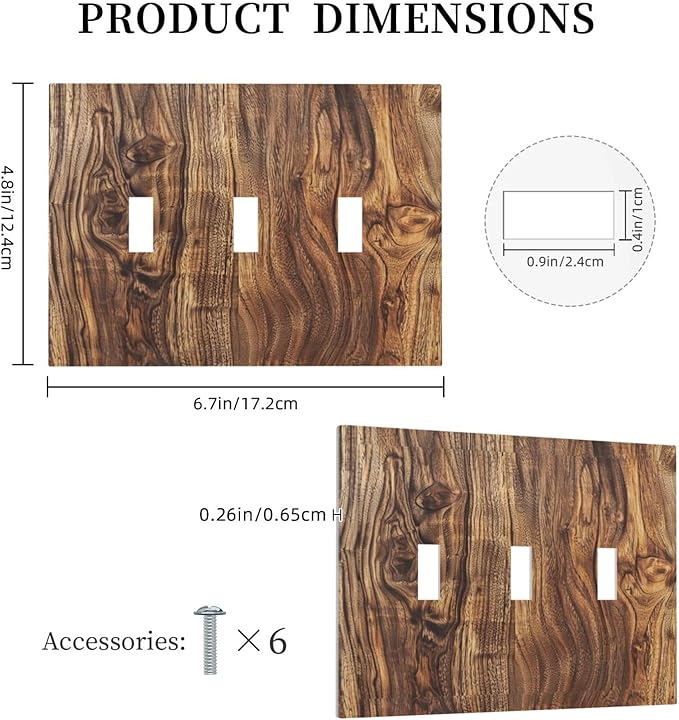 Distressed Wood Brown Wood Texture Decorative Switch Plates 3 Gang Wall Plate Triple Toggle Light Switch Cover Faceplate Electrical Wall Panels for Farmhouse Home Decor