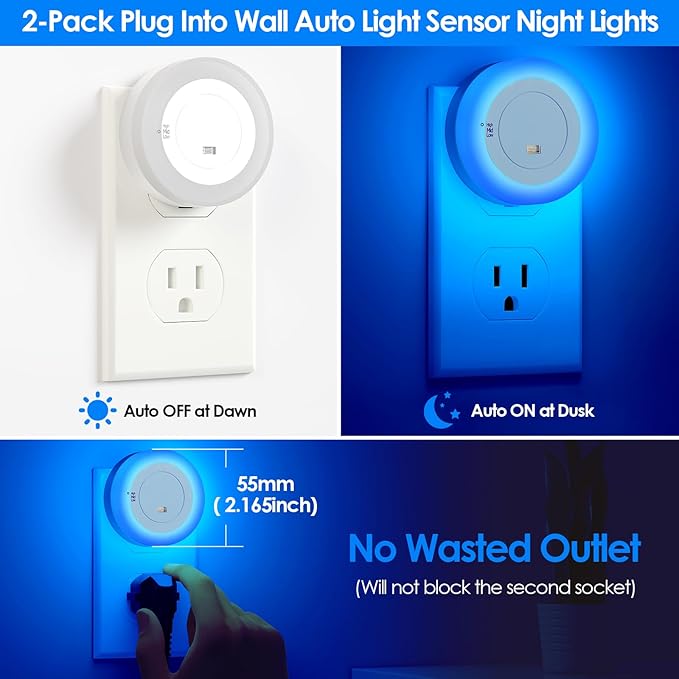 FOLKSMATE LED Night Light, Dimmable Plug-in Dusk to Dawn Sensor Hallway Lights, Smart Nightlight for Bathroom, Bedroom, Adults & Kids Room, Kitchen, Stairway, Blue, 2-Pack