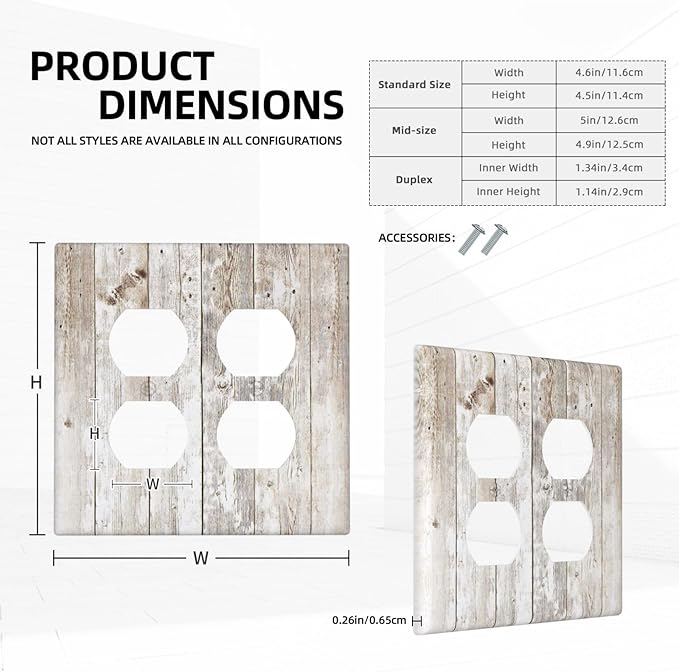 Vintage Light Wood Retro Rustic White Gray Oak Print Outlet Covers 2 Gang Double Duplex Decorative Light Switch Covers Electrical Wallplates Socket Faceplate for Farmhouse Home Decor