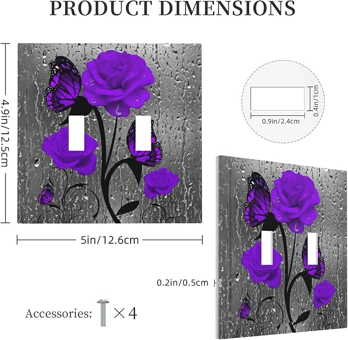 Purple Rose Romantic Flowers 2 Gang Double Toggle Light Switch Cover Rose Floral Decorative Wall Plate Faceplate For Girls Ms Purple Rose Butterfly Bathroom Home Living Room Decor 5" x 4.9