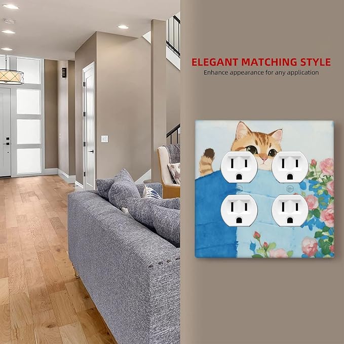 Cat Flower Double Duplex Receptacle Outlet Cover Wall Plate Decorative 2 Gang Light Switch Covers Electrical Switchplate Home Decorate Faceplat for Bathroom Bedroom Kitchen Room 4.5 x 4.5 Inch