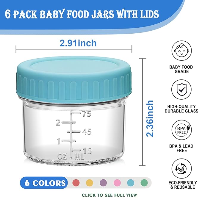 6 Pack Glass Baby Food Storage Containers, 4 oz Baby Food Jars with Lids, Baby Food Maker for Microwave & Dishwasher Freezer Safe,BPA Free