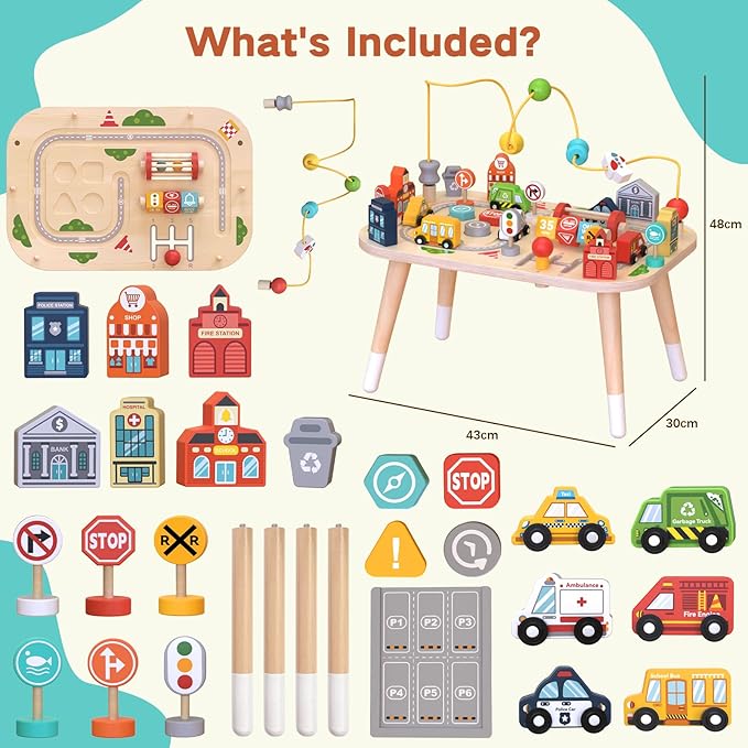 Wooden Montessori Activity Table for Toddlers, Baby Busy Table with Bead Maze, Shape Sorter, Cars & Road Signs, Traffic Learning Activity Center Sensory Toys for Birthday Gift Boys Girls 1+ Year Old