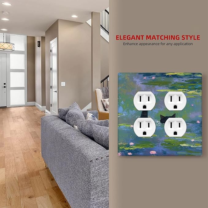 Decorative Light Switch Cover Plate Cute Black Cat Water Lily Pond Watercolor 2 Gang Decorative Switch Plates 1 Toggle Duplex Combo Outlet Covers GFCI Plug Covers Wallplates for Kids Room Nursery
