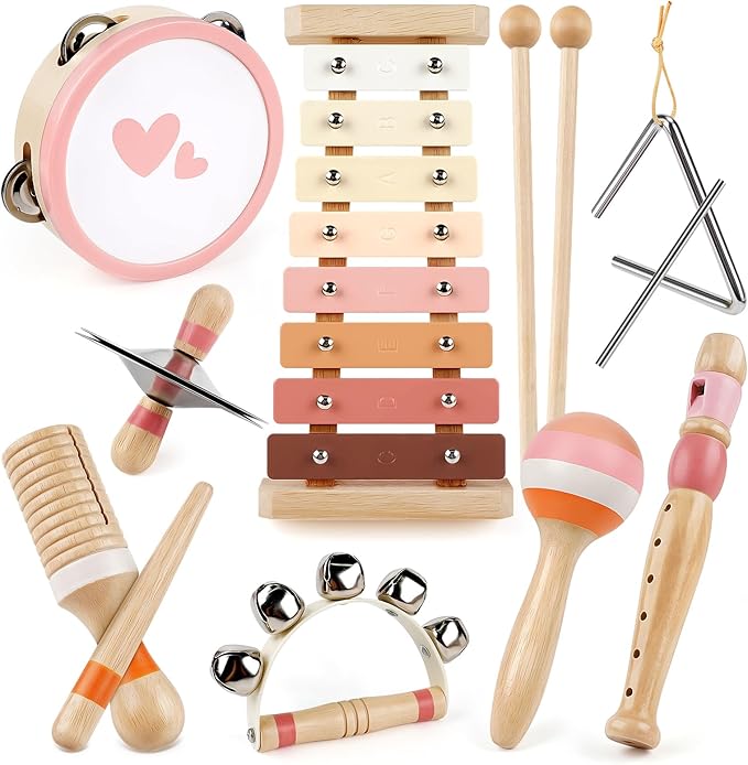 Vanplay Musical Toys for 2 Year Old Girls Easter Birthday Gifts, Montessori Toys for 2 3 Year Old, 8 in 1 Wooden Musical Instruments with Xylophone/ Tambourine/Maracas for Toddler 2-4