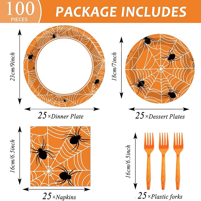 100 Pcs Spiderweb Party Plates and Napkins - Black and White Halloween Tableware Set for 25 Guests