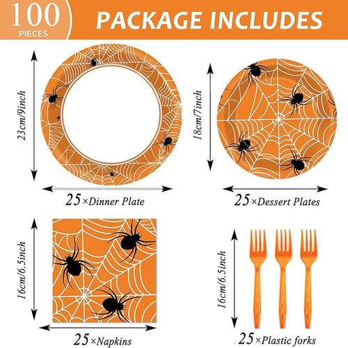 100 Pcs Spiderweb Party Plates and Napkins - Black and White Halloween Tableware Set for 25 Guests