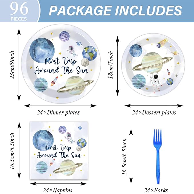 96 PCS First Trip Around The Sun Birthday Party Decorations Outer Space Themed Decorations 1st Space Birthday Dinner Paper Plates Boho Solar System Napkins Forks Sun Theme Party Favors Supplies