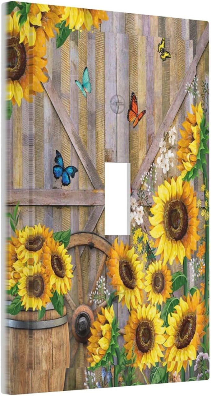 Rustic Sunflower Barn Door Country Wood Plank 1 Gang Light Switch Covers Decorative Single Toggle Wall Plate Switchcover Electrical Switchplate for Farmhouse Bathroom Bedroom Decor