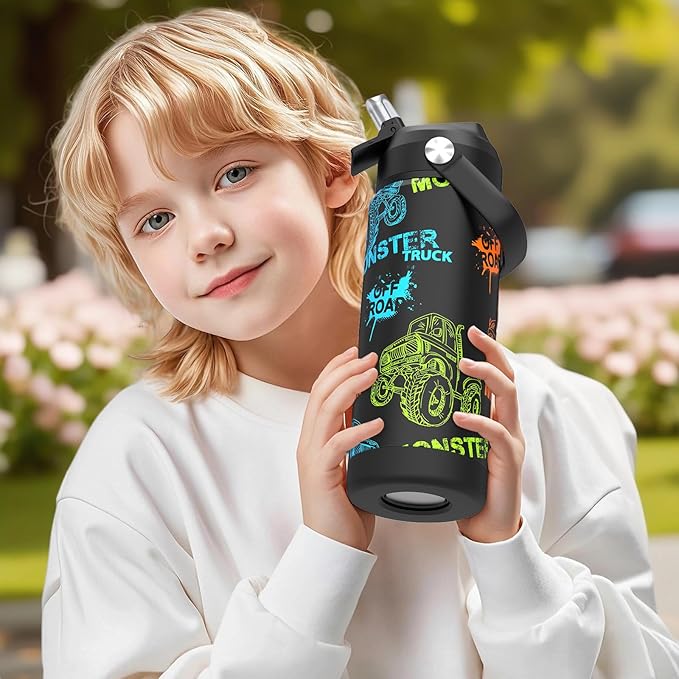 Monster Trucks Boys Water Bottle with Straw,18 oz Kids Insulated Cups with Stainless Steel Leak Proof for School,Sport&Travel