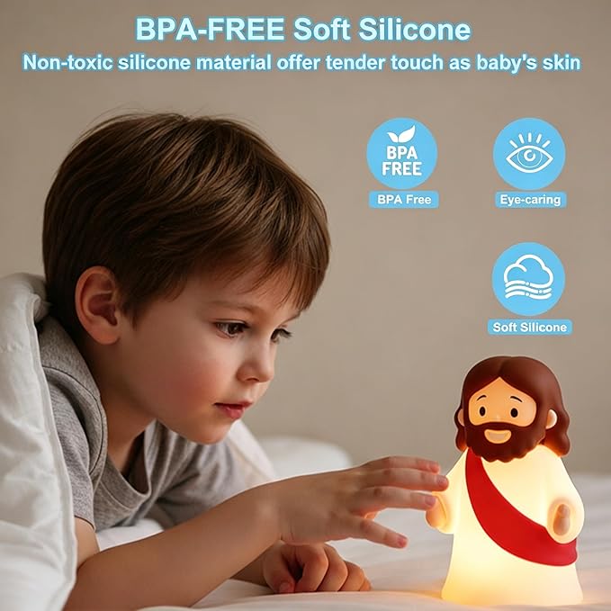 magical JD Little Jesus Night Light, Mini Silicone Jesus Lamp, Dimmable Rechargeable Touch Bedside Lamp for Nursery & Kids, Ideal Religious Gift for Christmas, Easter and Baptism (Red)