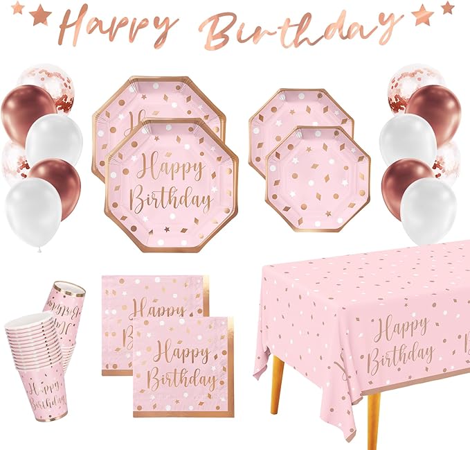 Rose Gold Birthday Party Supplies - Disposable Paper Plates, Napkins, Cups, Tablecloth & Banner for Girl/Women Celebration, Serves 25 - Decorate with Our Rose Gold Plates and Napkins Set