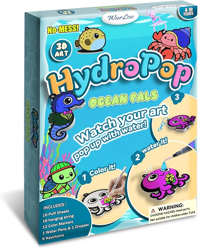 WurLoo 3D Art Kit - Aqua Puffs Ocean Panl,Mess-Free Craft for Kids, DIY Color & Inflate Activity, Travel Toys & Creative Gifts for Girls and Boyd Ages 4, 5, 6, 7, 8, 9, 10