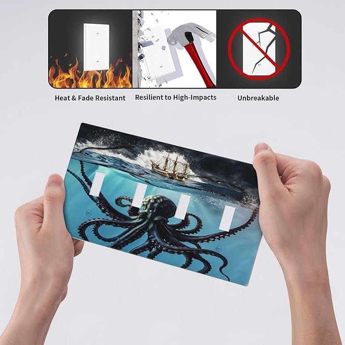 Light Switch Cover Plate Black Ocean Nautical Octopus Ship Funny Kraken 4 Gang Switch Plate Covers Quad Toggle Wall Plates Decorative Switchplate Electrical Faceplate for Bathroom Home Decor