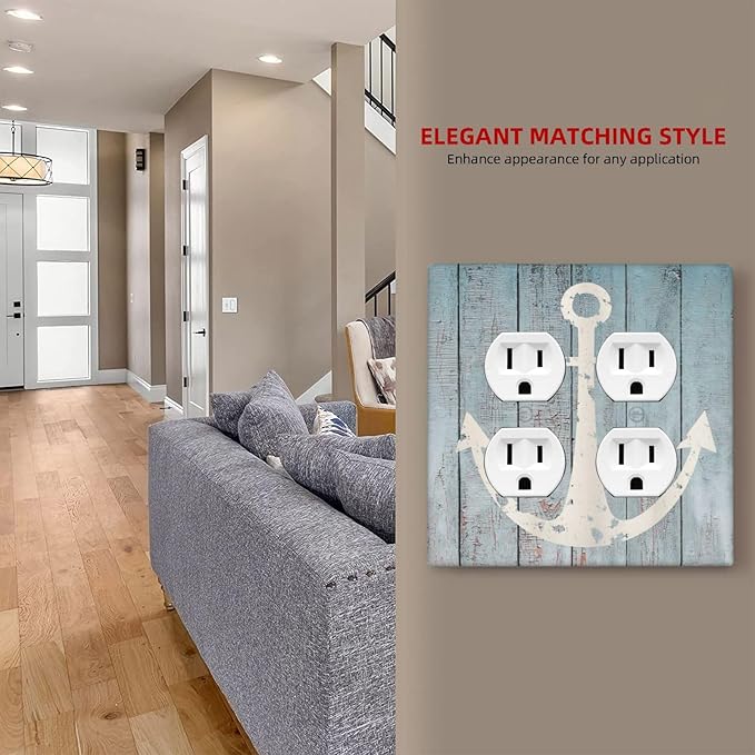 Anchor Rustic Sailing Nautical Wooden Planks Marine Outlet Covers 2 Gang Double Duplex Decorative Light Switch Covers Electrical Wallplates Socket Faceplate for Bathroom Farmhouse Decor