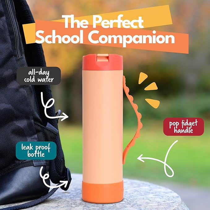 Elemental Iconic Kids Water Bottle for School - 100% Leak-Proof Insulated Water Bottles with Straw Lid & Pop-It Handle for Boys & Girls - Triple-Wall Insulated & BPA-Free, 20oz – Peach Sunrise