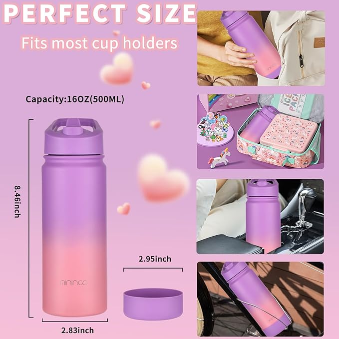 Mininoo Kids Water Bottle for School, 16oz Stainless Steel Insulated Water Bottle Kids with Paracord Handle for Girls, Boys (2 Pack)