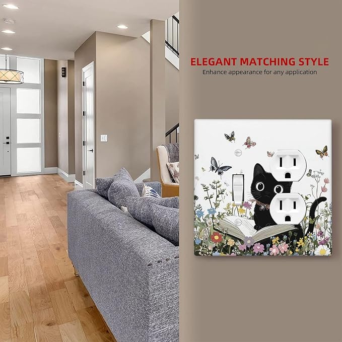 Wallplates Cute Cat Wildflowers Boho Flowers Floral 1 Toggle 1 Duplex Switch Plate Electrical Gfci Faceplate Decorative Light Switch Covers For Nursery Kids Room Decor