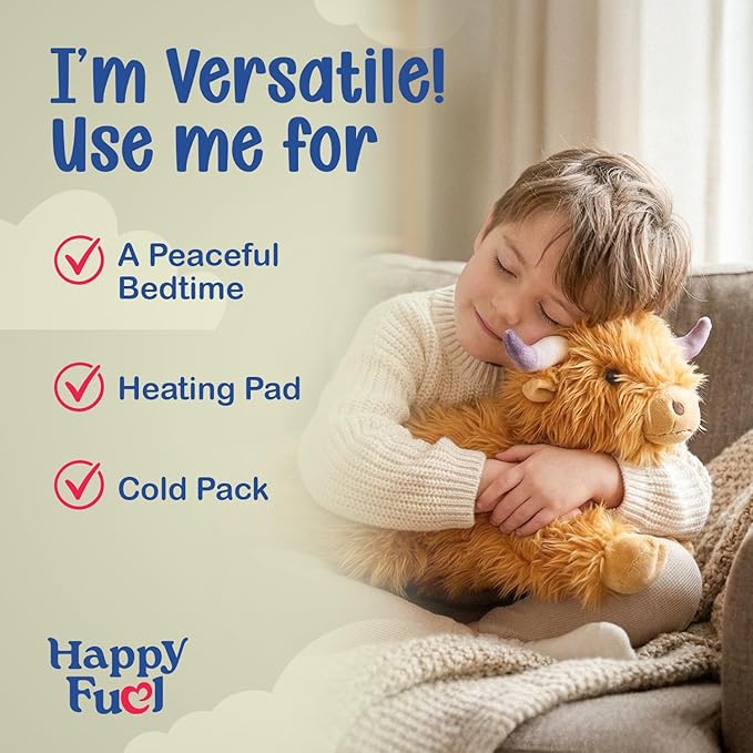 Highland Cow Microwavable Stuffed Animal – 1.5 lb Unscented Heating Pad Plush, Soft Cozy Cute Cow Toy for Relaxation and Comfort, Gift for Women, Girls, Adults & Kids by Happy Fuel