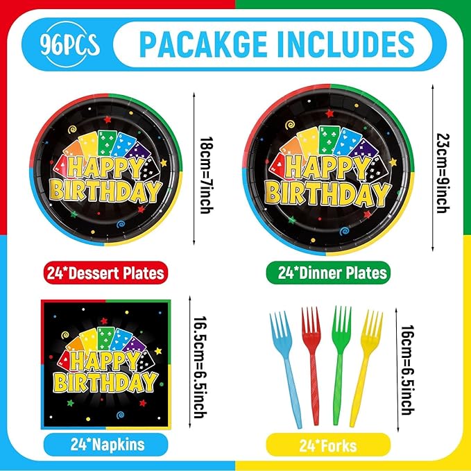 96Pcs Card Themed Birthday Party Plates and Napkins Card Game Decor Colorful Gaming Night Paper Disposable Dessert Cake Plates Gaming Themed Tableware Set for Adults Baby Shower Sleepover 24 Guests