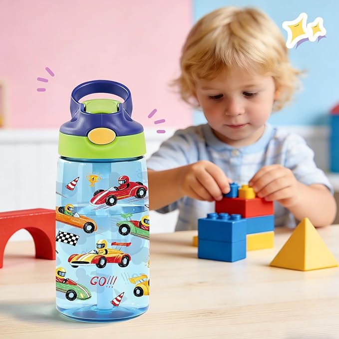 14oz Racing Car Kids Water Bottle with Straw Lid - Cool Water Bottles for Kids, Leakproof, Lightweight, Durable Plastic Bottles for School, Pop-Up Straw Cover, Gift Cup for Girls Boys (Racing Car)