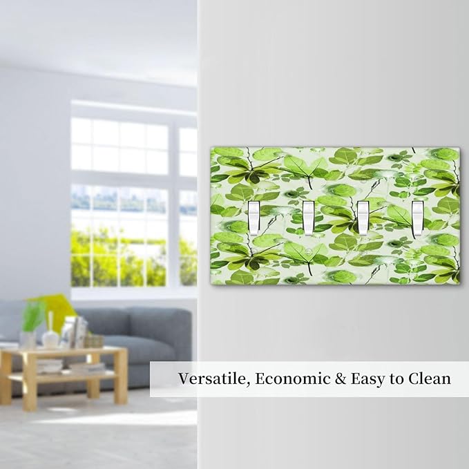 Green Leaves Spring Plant Floral Light Switch Covers Quad Toggle Electrical Faceplate 4 Gang Wall Plate Decorative Switch Plates for Bed Room Living Room Decor