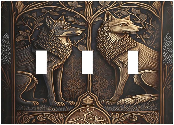 Medieval Wolves Animal Vintage Print Decorative Switch Plates 3 Gang Wall Plate Triple Toggle Light Switch Cover Faceplate Electrical Wall Panels for Farmhouse Home Decor