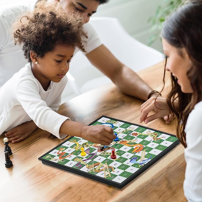 Snakes and Ladders Board Game Set -32 Centimeters, Magnetic Folding Travel Board Game for Kids (Large Size 12.6″x12.6″)