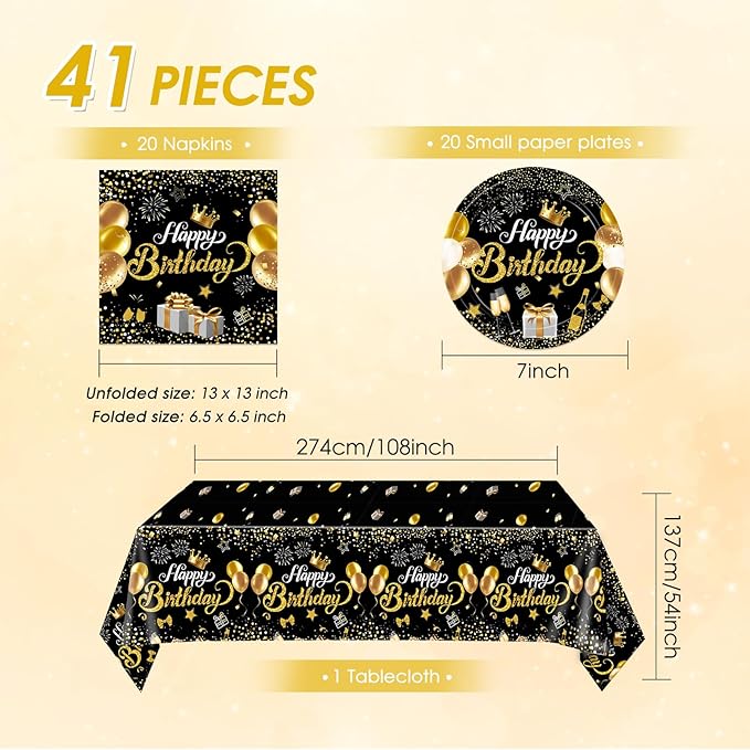 Black and Gold Party Decorations,41Pcs Happy Birthday Plates and Napkins Set Include Black Gold Paper Plates,Napkins,Tablecloth,for Men Women Happy Birthday Party Decorations Supplies,Serves 20