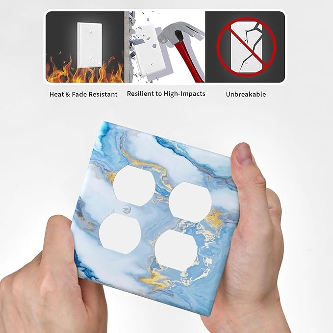 Beautiful Marble Texture Blue Gold Fluid Abstract Print Outlet Covers 2 Gang Double Duplex Decorative Light Switch Covers Electrical Wallplates Socket Faceplate for Bedroom Bathroom Decor