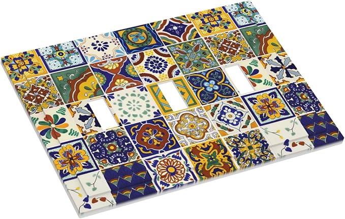 Yellow/Blue Kitchen Boho Floral Tiles Triple Toggle Device Switch Wall Plate 3-Gang Light Switch Cover Bohemian Mandala Talavera Mexican Tile Decorative Decorator Wallplate Switchplate Room Decorate
