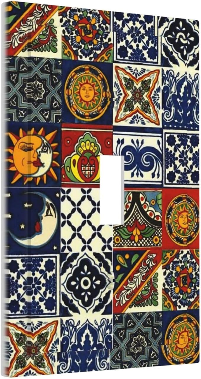 Kitchen Blue/Red Boho Sun Mexican Talavera Tile Decorative Light Switch Cover 1-Gang Bohemian Moroccan Mosaic Tiles Single Toggle Wall Plate Electrical Device Outlet Switch Faceplate Cover Jumbo Size