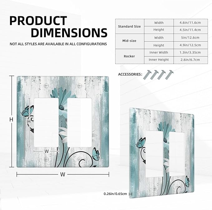 Decorative Outlet Covers Teal Daisy Floral Butterfly Vintage Wood 2 Gang Double Rocker Light Switch Cover Decorative Switch plates Electrical Wallplates GFCI Receptacle for Bathroom Bedroom