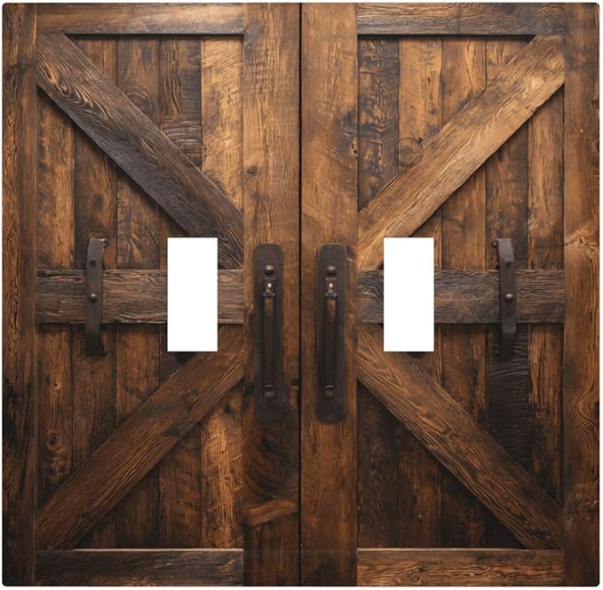 Decorative Light Switch Cover Plate Retro Brown Wood Barndoor 2 Gang Outlet Covers Double Toggle Wall Plates for Electrical Outlets Switch Plate Covers Faceplate for Farmhouse Decor