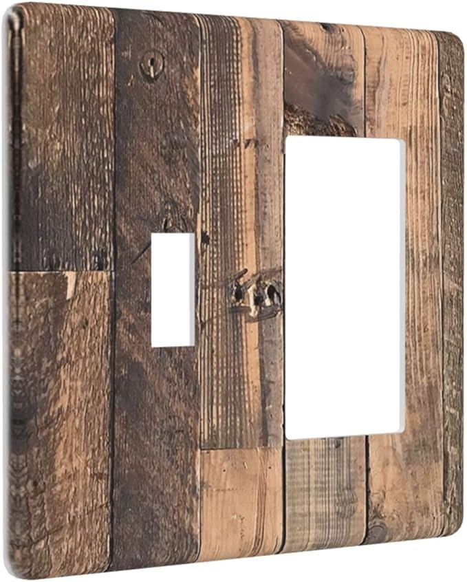 Rustic Brown Wood Plank Vintage Country Wooden Board Outlet Covers 1 Toggle 1 Rocker Combination Decorative Wall Plate Electrical Switch Plates Light Switch Cover Plate for Farmhouse Home Decor