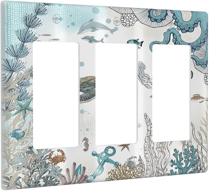 Sea Turtle Octopus Ocean Underwater Animal 3 Gang Rocker Light Switch Covers Decorative Unique Triple Outlet Wall Plate Cover Faceplate Decorative Switchplate GFCI for Bedroom Bathroom Decor