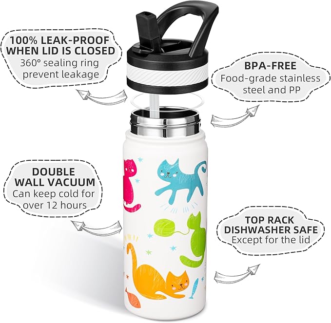 Fanhaw 18 Oz Kids Insulated Water Bottle with Straw - Stainless Steel Double Wall Vacuum Cup, Leakproof, BPA Free, Suitable for Boys and Girls(White - Cats)