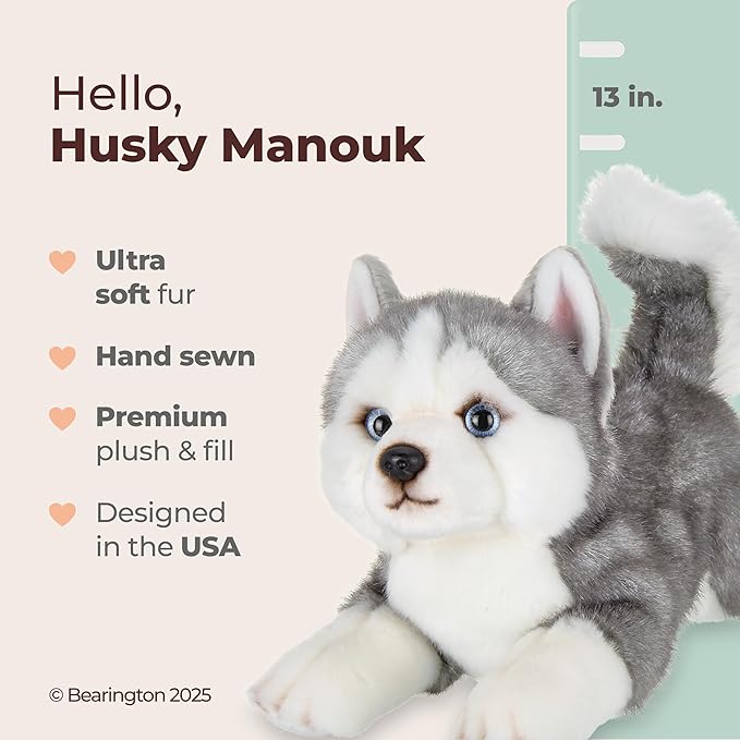Bearington Explore 13-Inch Baby Dog Plush, Huggable Stuffed Animal Puppy, Adorable and Cuddly Husky Manouk Dog Plush Toy for Nursery Decor, Kids and Collectors, for Ages 3-14