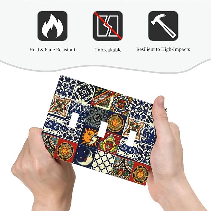 Boho Moroccan Mandala Mexican Tile 3 Gang Light Switch Cover, Kitchen Mosaic Boho Moon and Sun Tiles Decorative Triple Toggle Wall Plate Cover Electrical Three Device Switch Face Plate