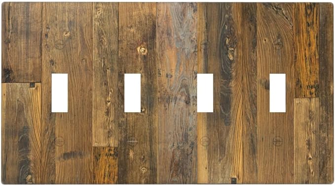Brown Wood Vintage Rustic Old Board Light Switch Covers Quad Toggle Electrical Faceplate 4 Gang Wall Plate Decorative Switch Plates for Farmhouse Home Decor