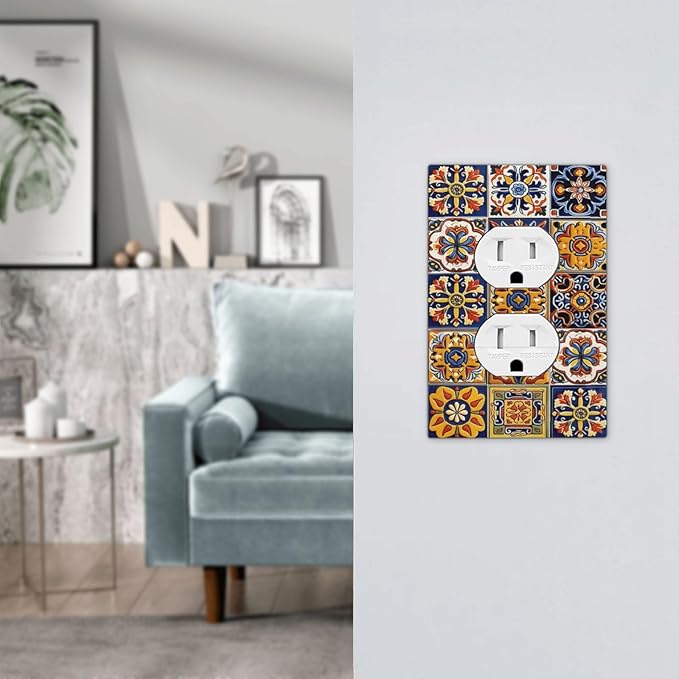 Mexican Talavera Tiles Flower Vintage Outlet Covers 1 Gang Duplex Light Switch Cover Decorative Switch Plates Electrical Receptacle Faceplate Wall Plate for Kitchen Bathroom Decor
