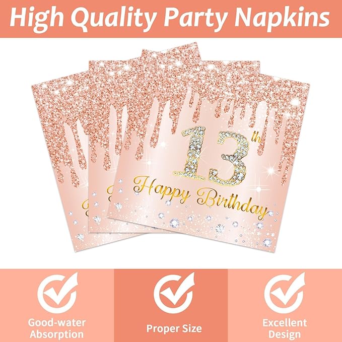 50Pcs Rose Gold 13th Birthday Party Plates and Napkins Girls Rose Gold 13th Birthday Party Decorations Happy 13th Birthday Party Tableware Set Serves 25 Guest Pink Girls 13th Birthday Party Supplies