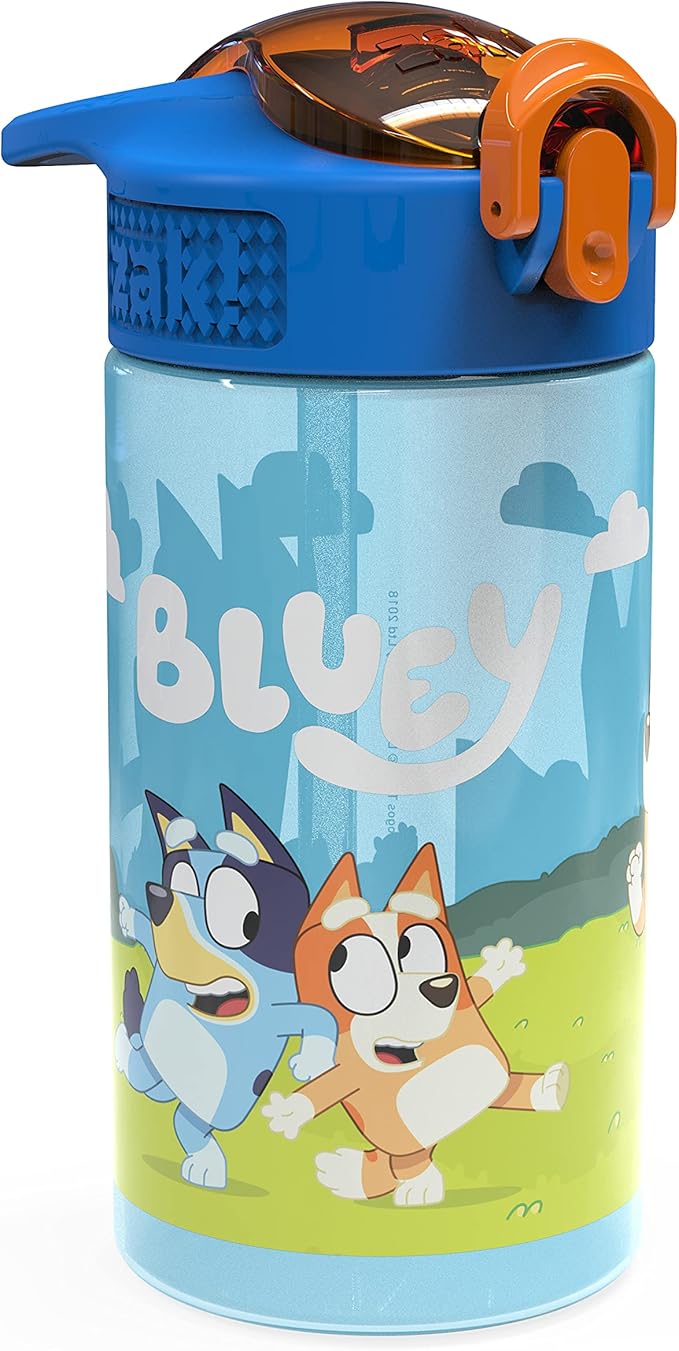 Zak Designs Bluey Kids Water Bottle Durable Plastic Spout Cover and Built-in Carrying Loop, Leak-Proof Water Design for Travel, (16oz, 2pc Set), 2pk