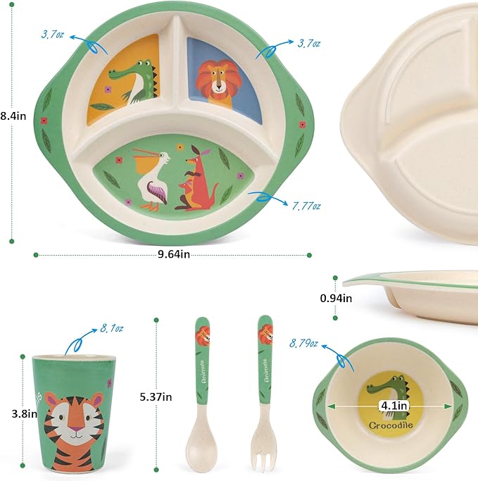 Kids Dinnerware Set, 5-Piece Mealtime Tableware for Children & Toddlers – Includes Divided Plate, Bowl, Cup, Fork & Spoon – Natural Bamboo Fiber, BPA-Free, Dishwasher Safe (Forest Animal)